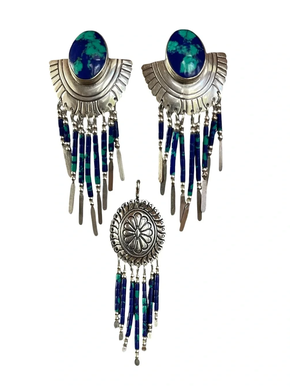 Azurmalachite Sterling Silver Earrings & Concho Pendant Set